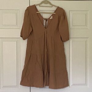 Tiered V-Neck Gauze Dress — Beige